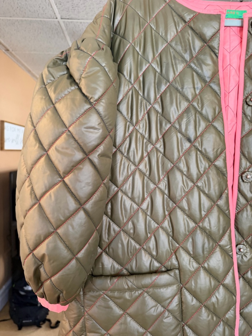 Clare V Olive Quilted Coat with Pink Trim - Picture 5 of 10